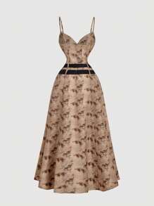 SHEIN MOD Tie-Dye Print Triangular Cups Belted Dress, Brown Jacquard Dress, Brown Belted Dress Long Brown Dress Brown Floral Dress,Back To School - Multicolor - View 2