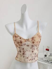 SHEIN Unity Áo thun nữ in họa tiết hoa ren - Màu Khaki - Xem 5