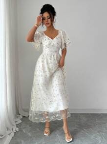 Elenzga Elegantes und modisches Damen Pendler Lässig Komfort-Kleid im charmanten Retro-Stil einer sanften Prinzessin, mit süßen Puffärmeln, Schleife in der Taille, Rückenband, A-Linie Rüschensaum und besticktem Mesh-Material