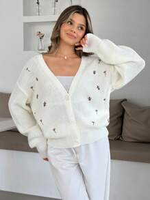 EURMUSE Women Cute Flower Embroidery Cardigan,Long Cardigans Woman,Petite Cardigans,Cardigans - Apricot - View 4