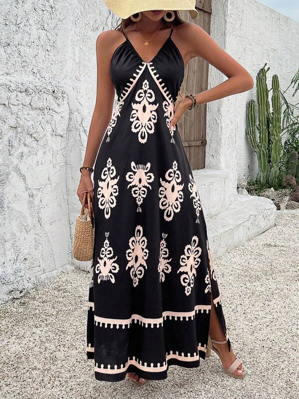 Breezaya Vacation Casual Spaghetti Strap Split Dress With Random Floral Pattern Maxi Vacation Beach Outfits Women