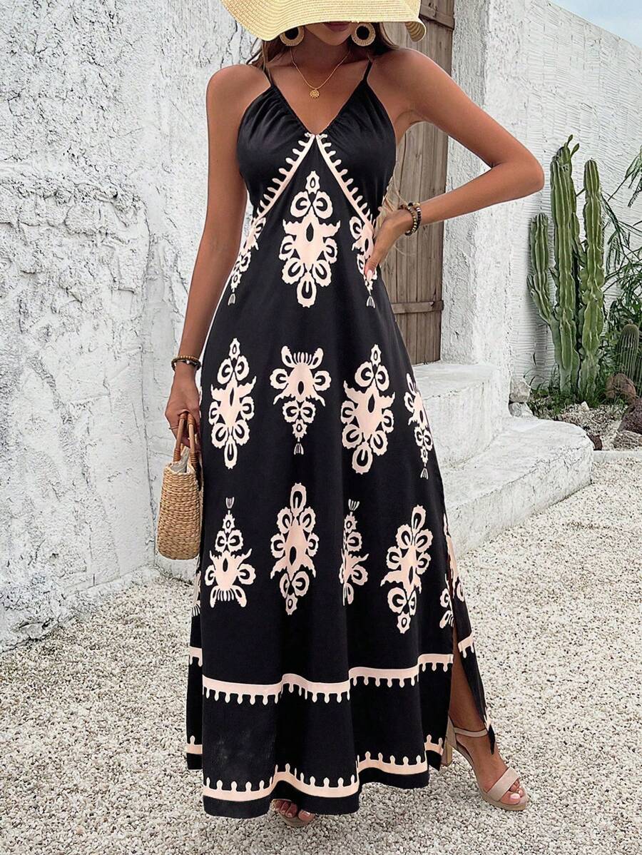 Breezaya 度假休闲细肩带开叉连衣裙，带有随机花卉图案，超长度假海滩装，女士