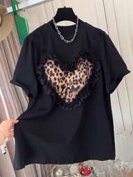 SHEIN Koszulka damska z krótkim rękawem w dużym rozmiarze z nadrukiem w panterkę i koronkową lamówką