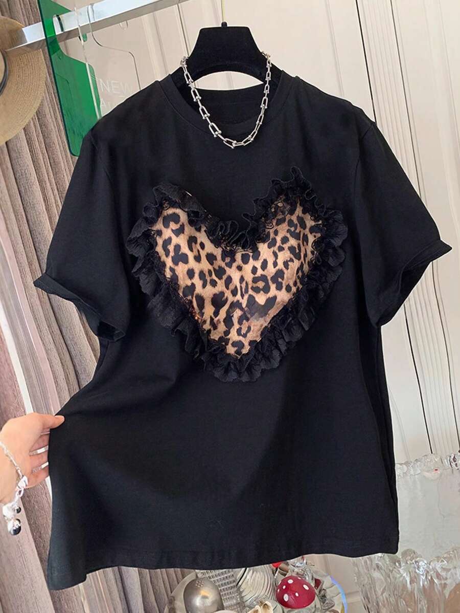 SHEIN Áo thun tay ngắn họa tiết da báo trái tim cỡ lớn cho nữ - màu đen - Xem 1