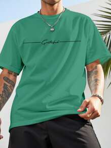 Manfinity Homme 男士休闲字母图案圆领短袖T恤，夏季百搭 - 薄荷綠 - 查看 3