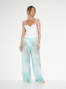 KIZN Quần đi biển màu nước ống rộng có dây rút mặc đi nghỉ dưỡng, đồ bơi mặc đi biển, đồ mặc đi nghỉ bên hồ bơi, quần Palazzo mỏng - màu xanh lá - Xem 4