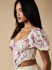 MISSGUIDED Floral Print Puff Sleeve Milkmaid Top Ruched Bodice Corset Style Crop Blouse Cottagecore Aesthetic Summer Festival Spring - White - View 3