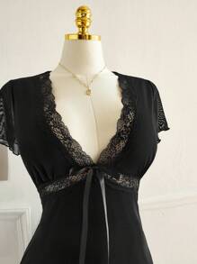 SHEIN EZwear V领蕾丝拼布黑色休闲连衣裙，春夏 - 黑色 - 查看 3