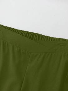 SHEIN Tall 大码女式松紧腰百搭休闲直筒阔腿裤 - 軍綠色 - 查看 3