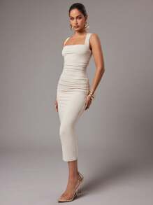 Silquee 女士纯色倒T领收腰褶饰宽肩带修身无袖优雅弹力针织双层回力设计高端连衣裙，女士教师装，女士机场装，女士生日装， - 米色 - 查看 4