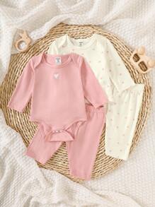 SHEIN 新生女童两件套婴儿套装，简约、休闲、舒适、亲肤针织面料，米色心形数码印花和粉色长袖连体裤，搭配同款裤子，适合四季日常居家和户外穿着 - 彩色 - 查看 4