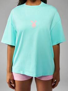 Missguided x Playboy Weekend Casual Graphic Print Oversized T-Shirt Summer Lounge Wear Streetwear Comfort Top - Blue - View 1