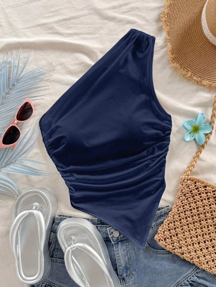 Soleia Navy Blue Asymmetric Hem Shoulder-Baring Vacation Top For Women, Suitable For Summer Suitable For Going Out - Multicolor - View 1