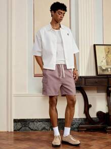 Manfinity VCAY Men's Striped Print Drawstring Waist Pocket Casual Shorts - Red and White - View 4