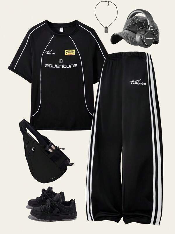 Set de 2 piezas de camiseta de cuello redondo con estampado de letras casual y pantalones deportivos para adolescentes hombres