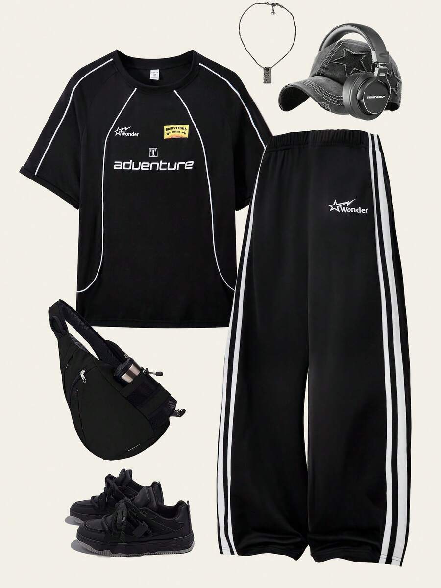 SHEIN Explorewe 2 pezzi Set di pantaloni sportivi e maglietta a girocollo con stampa di lettere per ragazzi adolescenti - nero - Visualizzare 1