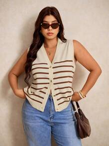 Elaquor 大码夏季休闲条纹针织背心，商务休闲女装，秋冬女士教师装 - 卡其色 - 查看 4