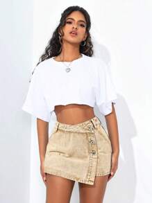 SHEIN PETITE Women's Single Row Button Asymmetric Hem Casual Denim Skorts - Khaki - View 3