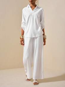Zivah 2025 New Summer Casual Elegant Vacation Daily Dating Commuting Work Wear Simple Basic Style Lapel Long-Sleeved Drop Shoulder Loose Shirt + Wide-Leg Ultra-Long Pants White Women's Two Pieces Suit White Two Pieces Set Women Women White Summer Set Loungewear Women