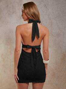 COSMINA Women's Solid Color Halter Backless Sexy Sleeveless Mini Dress Black Mini Dress - Black - View 2