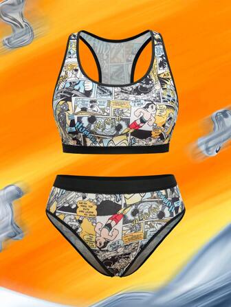 Astro Boy X SHEIN 加大码卡通印花工字背心文胸和内裤两件套内衣套装