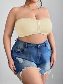 SHEIN CURVE+ 前拉链加大码迷你衬垫文胸背心，加大码曲线，波西米亚风度假上衣，内置文胸加大码无肩带文胸无肩带文胸上衣曲线上衣内置文胸上衣 - 杏色 - 查看 3