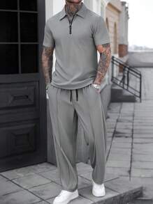 Manfinity Homme Casual Half Zip Polo Shirt And Drawstring Waist With Pockets Pants Two Pieces Set - Grey - View 3