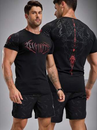 Manfinity Sport Polished Men's Letter Print Crew Neck Short Sleeve Athletic T-Shirt, Summer Workout Tops Gym Top Breathable 4-Way Stretch Material Sweat-Wicking Lightweight Physique-Enhancing Seamless Design Slim Fit For Workout Performance-T