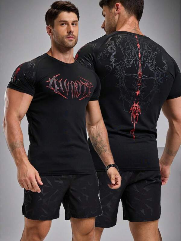 Manfinity Sport Polished Tricou sport pentru bărbați, cu guler rotund și mânecă scurtă, cu imprimeu de litere, topuri de antrenament de vară, top de sală, respirabil