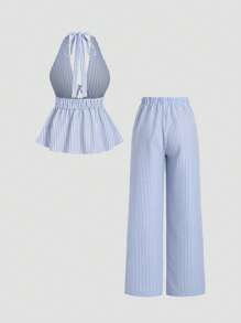 Sweetra Women 2 Pieces Set:Striped Print Twist Backless Halter Top And Drawstring Pants, Casual - Blue - View 2