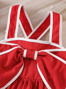 SHEIN 女婴优雅纹理面料对比蝴蝶结连衣裙 - 紅色 - 查看 7