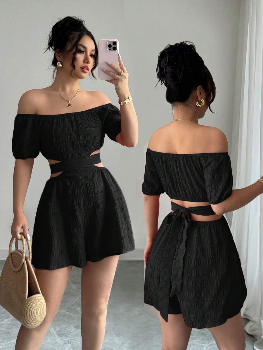 SHEIN Raffinéa 休闲女士休闲 - 度假露肩蝴蝶结后背连体裤 - 黑色 - 查看 1