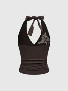 ROMWE Hippie 女式度假风格刺绣露背褶饰上衣和短裤两件套 - 棕色 - 查看 6