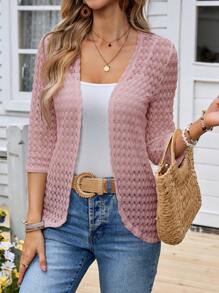 EMERY ROSE Women's Solid Color Sheer Casual Versatile Regular Jacket Crochet Cardigan Women Lace Cardigan Knitted Cardigan For Women Summer Cardigan For Women Thin Cardigan In Fall/Winter - Pink - View 7