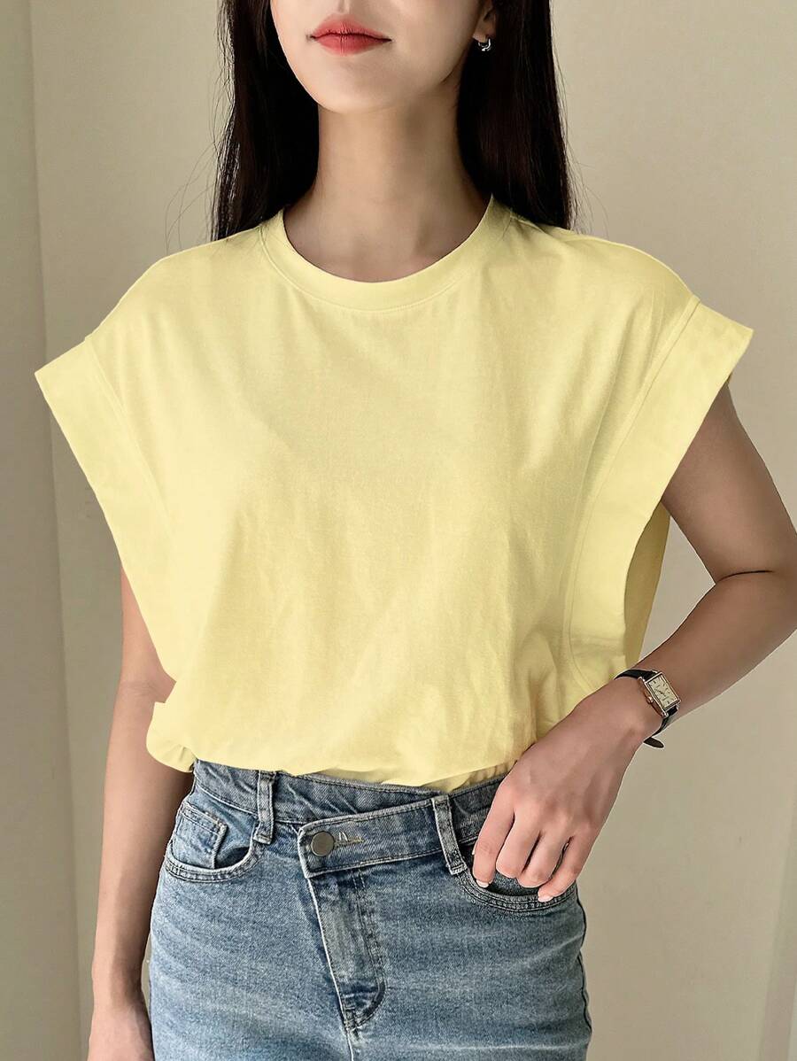 DAZY Camiseta de verano de mujer de unicolor, de cuello redondo y mangas cortas, de uso versátil y casual