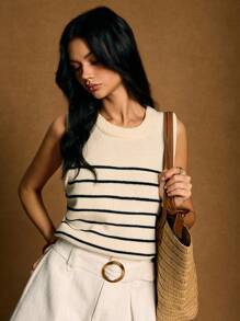 Poéselle 女士条纹印花圆领时尚休闲条纹针织上衣，女士夏季针织上衣毛衣背心针织背心条纹上衣秋冬