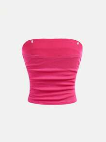 SHEIN Tween 女童百搭休闲百搭无袖短款罗纹针织吊带背心 - 玫紅色 - 查看 2