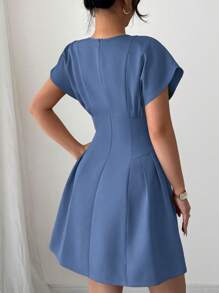 Elenzga Đầm mini cổ tròn tay ngắn thanh lịch màu trơn cho nữ mùa hè - Màu xanh bụi bặm - Xem 2