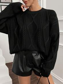 SHEIN Solid Color Twist Knit Crew Neck Casual Versatile Long Sleeve Pullover Sweater Knit Sweater Black Sweater Cable Knit Sweater,Jumper,Cream Jumper,Jumpers For Women,Jumpers,Womens Jumper,White Jumper,Women's Jumper,Women's Jumpers,Winter Clothes