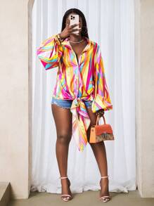 BamGleam Women's Colorful Striped Lantern Sleeve Knotted Hem Loose Blouse Fall Cloth For Women - Multicolor - View 4