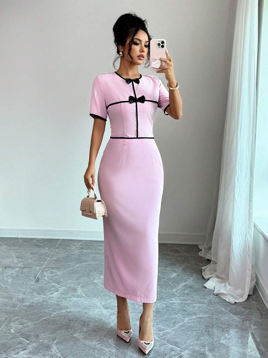 Modelyn 2pcs/Set Women's Simple Bow Decor Short Sleeve Top And Skirt Suit - Pink - View 1