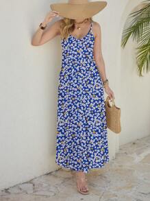 Glamance Whitebread Elegant Blue Ditsy Floral Long Dress For Women, Summer Holiday Blue Floral Maxi Dress Long Summer Dress Summer Maxi Dress Sundress Vacation Dress Office Women Outfits Going Out Outfits Business Casual Woman Office Outfits For Women Beach Outfits For Woman - Blue - View 4