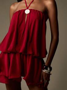 MISSGUIDED Đầm dự tiệc ngắn cổ yếm xếp tầng bằng chiffon, kiểu dáng thướt tha, thích hợp cho buổi tối mùa hè, dự tiệc cưới, dự lễ hội, không tay. - Màu Đỏ Sâu - Xem 5