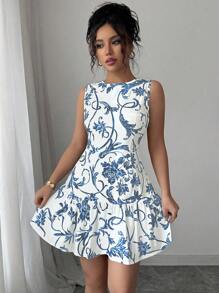 Elenzga 新款女式花卉印花圆领无袖收腰迷你连衣裙，春夏季 - 淺藍色 - 查看 5