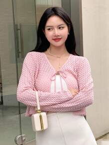 DAZY 纯色系带前短款上衣 长袖 女式上衣 - 粉色 - 查看 4