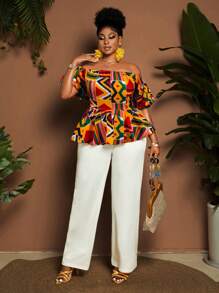 Maweii Plus Size Dropped Shoulder Puff Sleeve Shirt, African Floral Print Summer Fashion Party Wear For Women - Multicolor - View 5