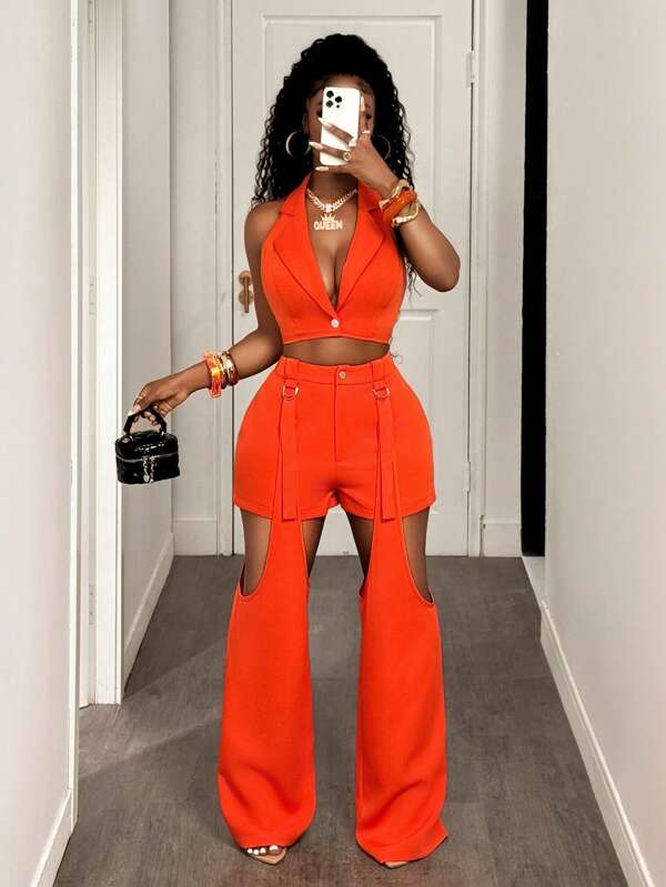 BamGleam Set de 2 bucăți pentru femei, top sexy cu camisol și pantaloni decupați, la modă