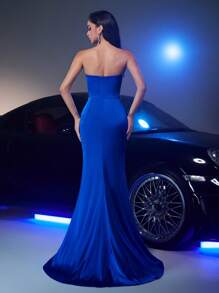 Glamrae 迷人、优雅、精致、时尚、青春、蓝色、缎面、露肩、加厚胸围、褶饰紧身胸衣、美人鱼裙，适合单身派对、婚礼嘉宾、音乐节、度假、正式舞会、晚礼服 - 寶藍色 - 查看 3