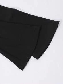 SHEIN Explorewe 适合少女的优雅纯色褶皱露肩喇叭袖连衣裙 - 黑色 - 查看 5