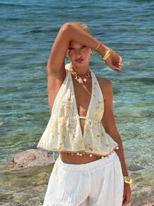SHEIN ICON Sexy Elegant New Halter Tie-Up Beaded Embroidery Backless Camisole - Apricot - View 4